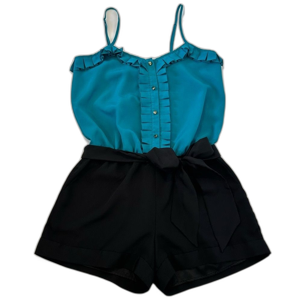 Express Turquoise SZ S Black Ruffle Button Front Romper Sexy Party Vacation